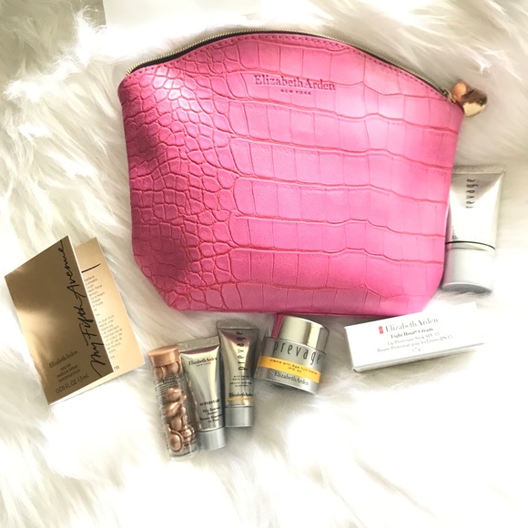Elizabeth Arden NEW 8 Pc GWP Pink Faux Crocodile Leather Cosmetic Bag ~ Prevage - Picture 2 of 11